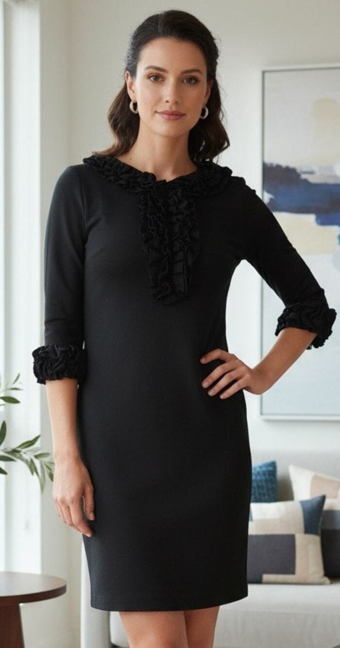 Trina Turk little black dress with ruffle details